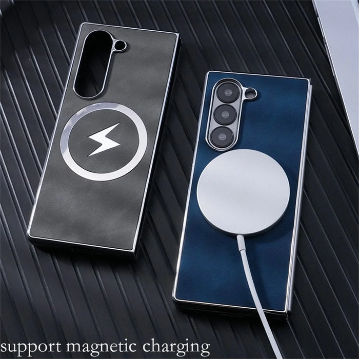 For Samsung Galaxy Z Fold6 5G Magnetic Case Leather+PC+Metal Phone Cover - Black - 5