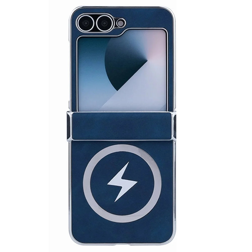 For Samsung Galaxy Z Flip7 FE 5G / Z Flip6 5G Magnetic Case Leather+PC+Metal Phone Cover - Dark Blue - 1