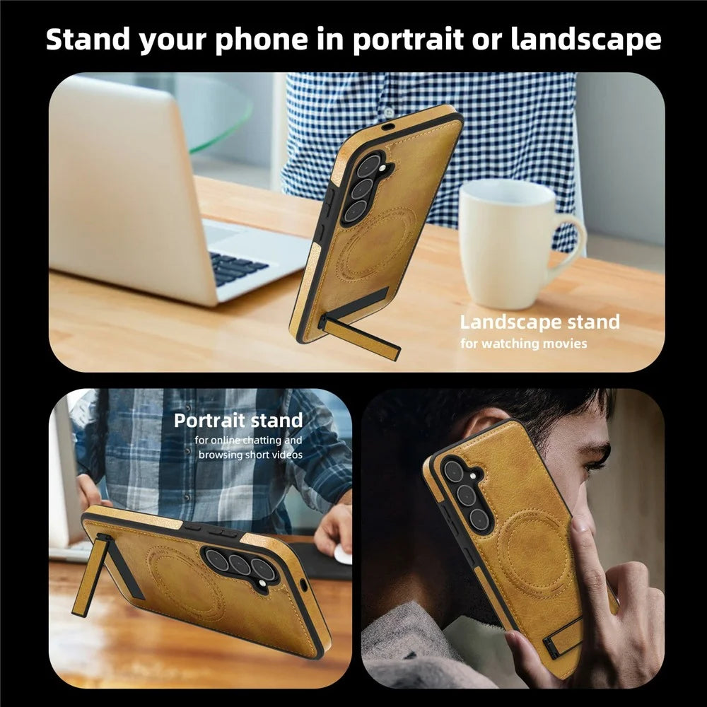 For Samsung Galaxy S25 Magnetic Case with Folded Kickstand PC Silicone Leather Phone Back Cover  - Brown - 6