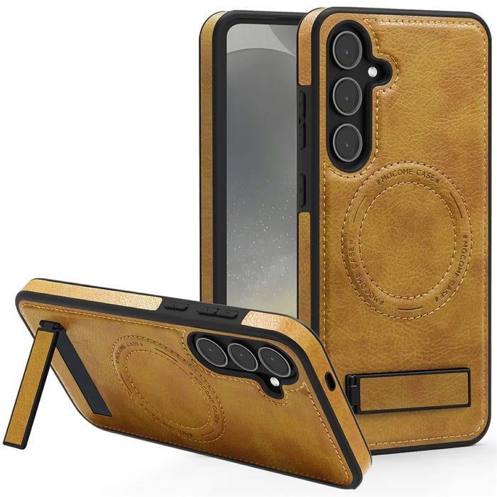 For Samsung Galaxy S25+ Magnetic Case with Folded Kickstand PC Silicone Leather Phone Back Cover  - Brown - 1