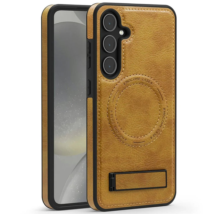 For Samsung Galaxy S25+ Magnetic Case with Folded Kickstand PC Silicone Leather Phone Back Cover  - Brown - 2