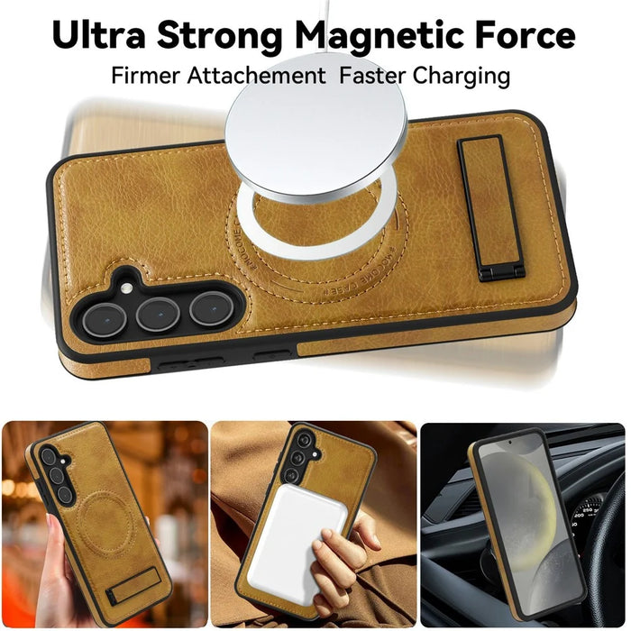 For Samsung Galaxy S25+ Magnetic Case with Folded Kickstand PC Silicone Leather Phone Back Cover  - Brown - 3