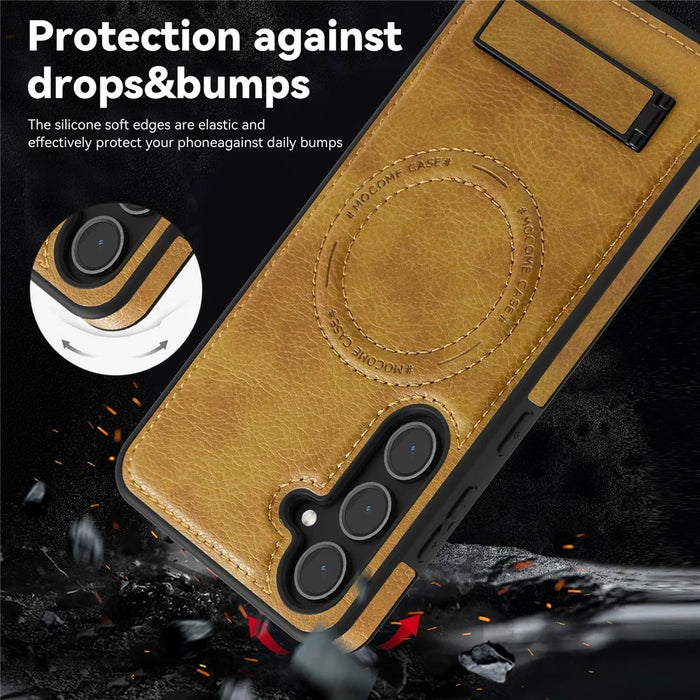For Samsung Galaxy S25+ Magnetic Case with Folded Kickstand PC Silicone Leather Phone Back Cover  - Brown - 4