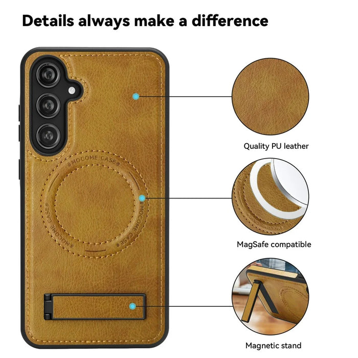 For Samsung Galaxy S25+ Magnetic Case with Folded Kickstand PC Silicone Leather Phone Back Cover  - Brown - 7
