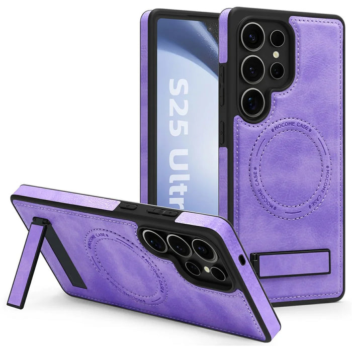 For Samsung Galaxy S25 Ultra Magnetic Case with Folded Kickstand PC Silicone Leather Phone Back Cover  - Light Purple - 1