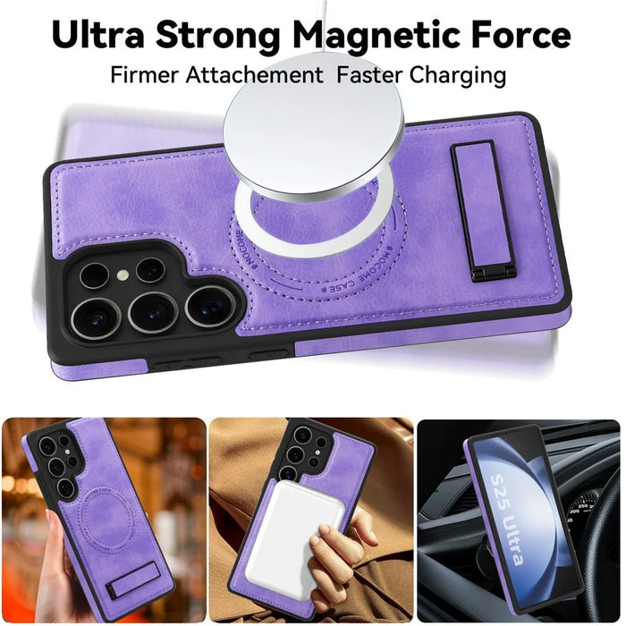 For Samsung Galaxy S25 Ultra Magnetic Case with Folded Kickstand PC Silicone Leather Phone Back Cover  - Light Purple - 3