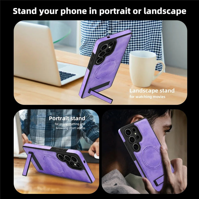 For Samsung Galaxy S25 Ultra Magnetic Case with Folded Kickstand PC Silicone Leather Phone Back Cover  - Light Purple - 6