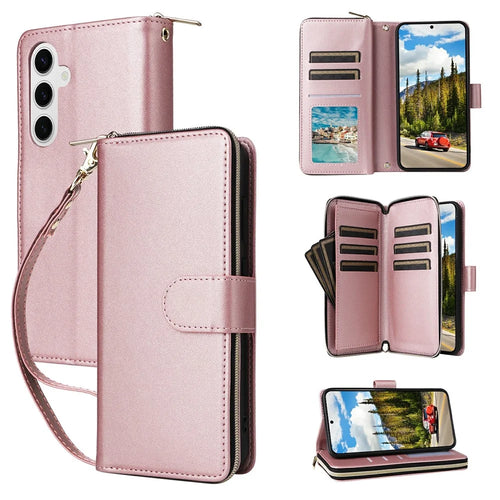 For Samsung Galaxy S25 / S24 Case Zipper Pocket PU Leather Cover with 9 Card Slots - Rose Gold - 1