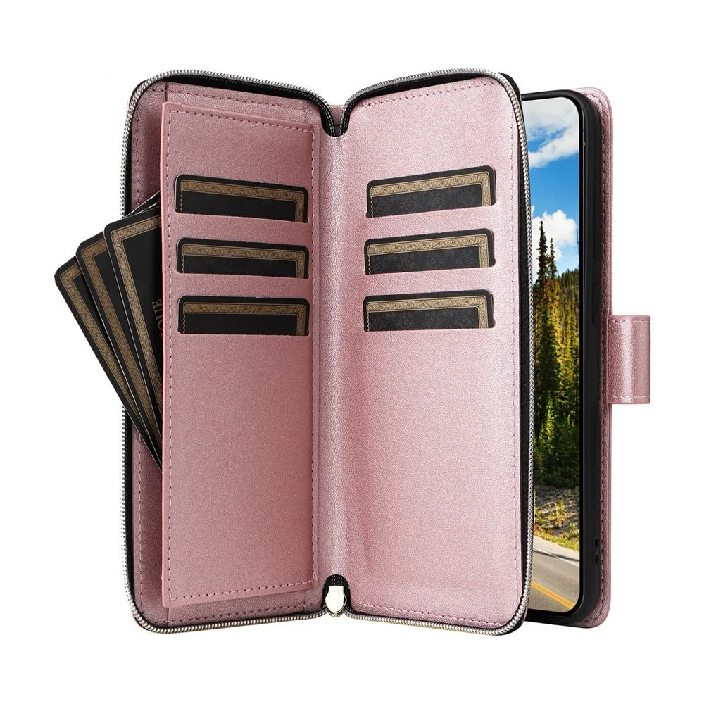 For Samsung Galaxy S25 / S24 Case Zipper Pocket PU Leather Cover with 9 Card Slots - Rose Gold - 2