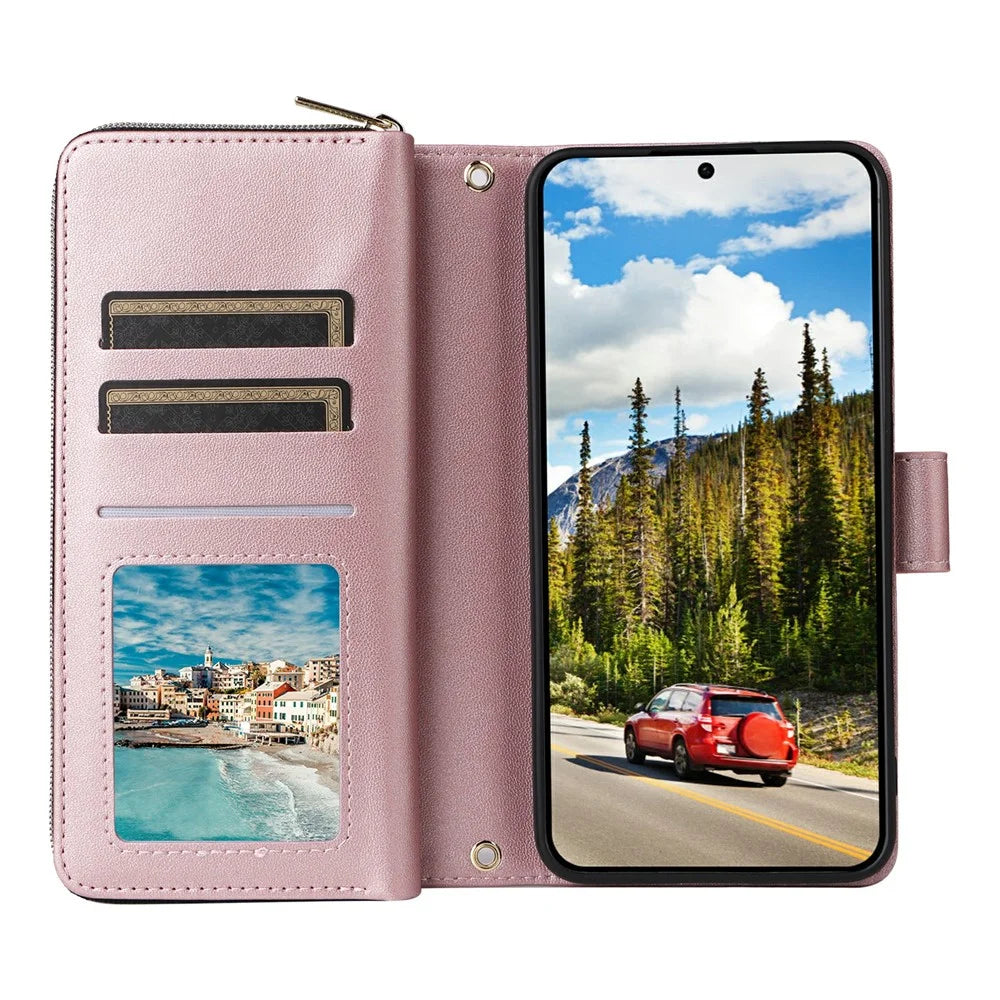 For Samsung Galaxy S25 / S24 Case Zipper Pocket PU Leather Cover with 9 Card Slots - Rose Gold - 3