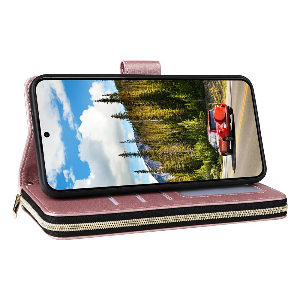 For Samsung Galaxy S25 / S24 Case Zipper Pocket PU Leather Cover with 9 Card Slots - Rose Gold - 4