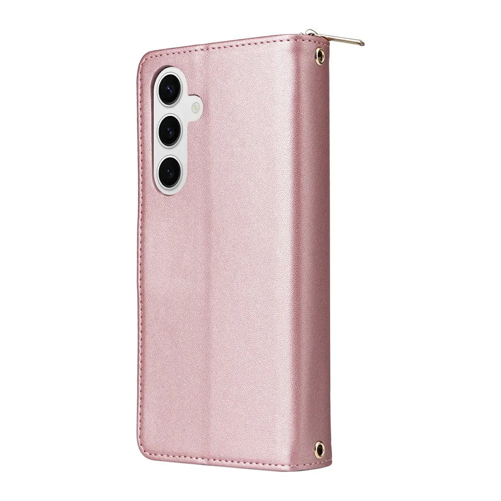 For Samsung Galaxy S25 / S24 Case Zipper Pocket PU Leather Cover with 9 Card Slots - Rose Gold - 6