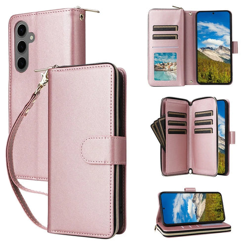 For Samsung Galaxy S25+ / S24+ Case Zipper Pocket PU Leather Cover with 9 Card Slots - Rose Gold - 1