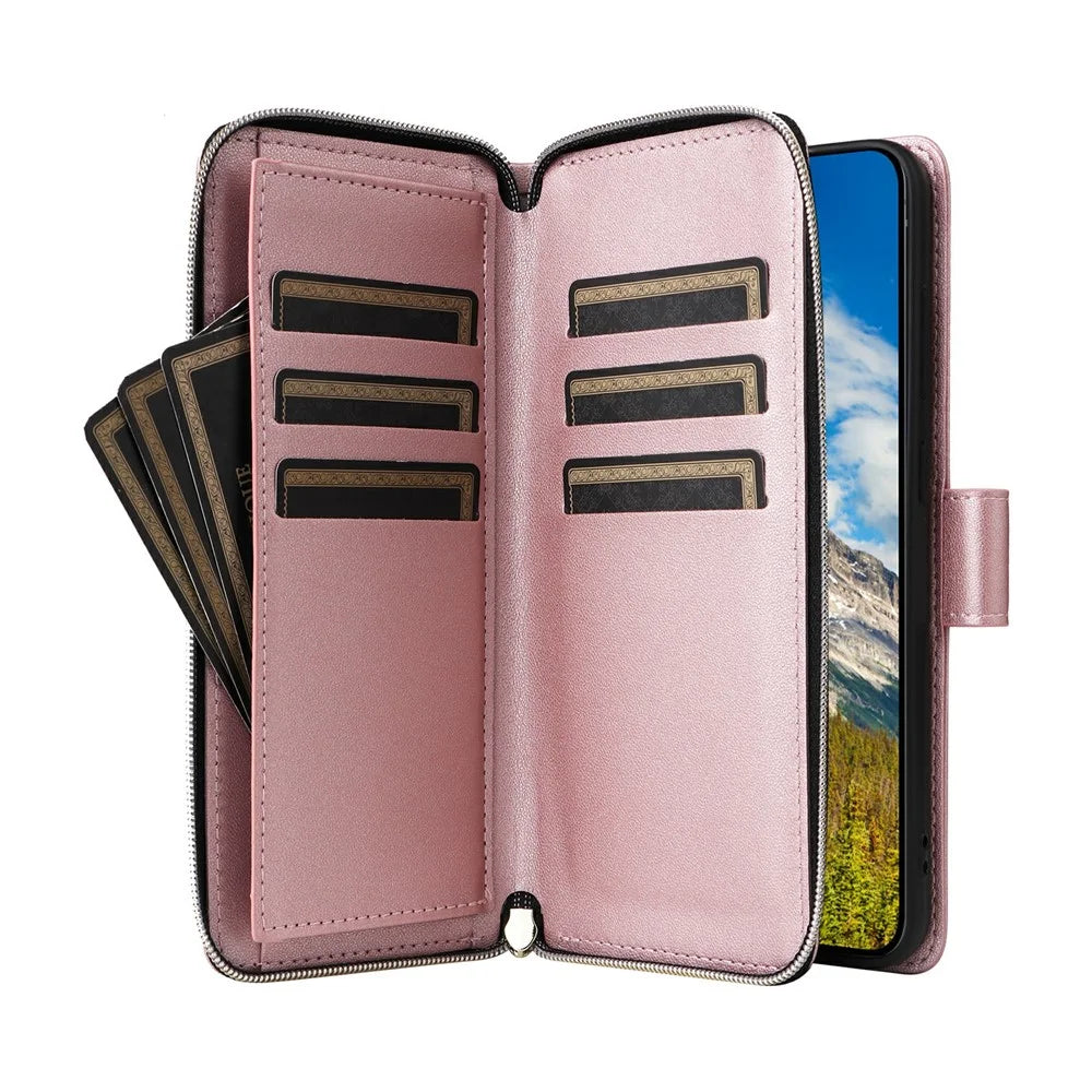 For Samsung Galaxy S25+ / S24+ Case Zipper Pocket PU Leather Cover with 9 Card Slots - Rose Gold - 2