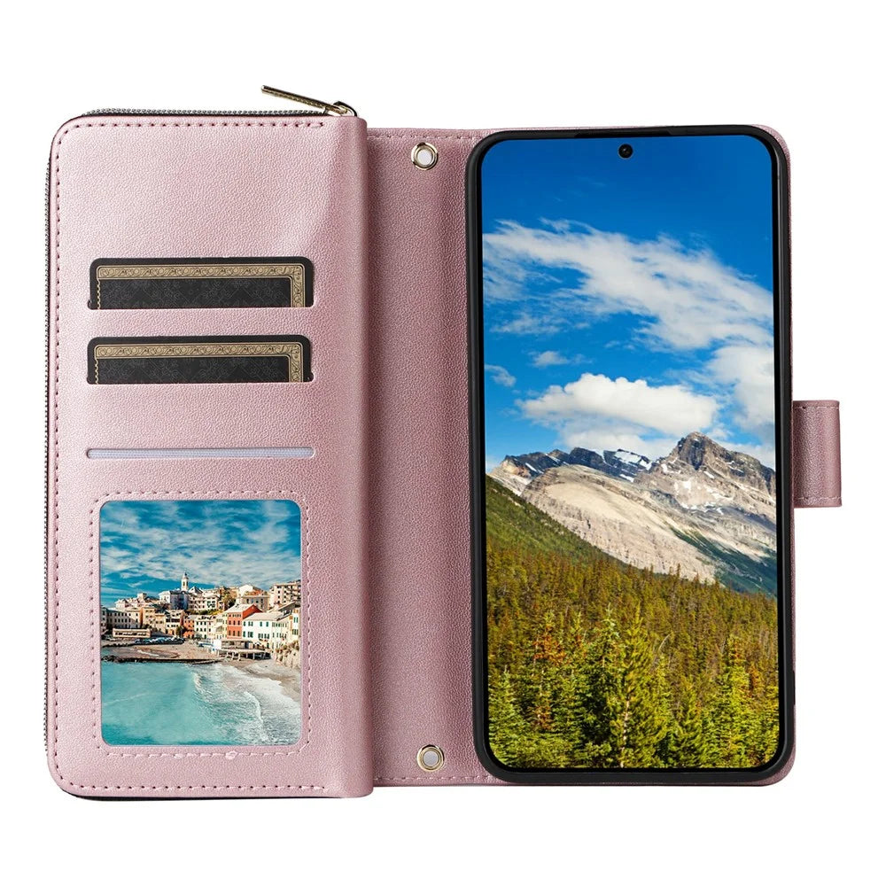 For Samsung Galaxy S25+ / S24+ Case Zipper Pocket PU Leather Cover with 9 Card Slots - Rose Gold - 3