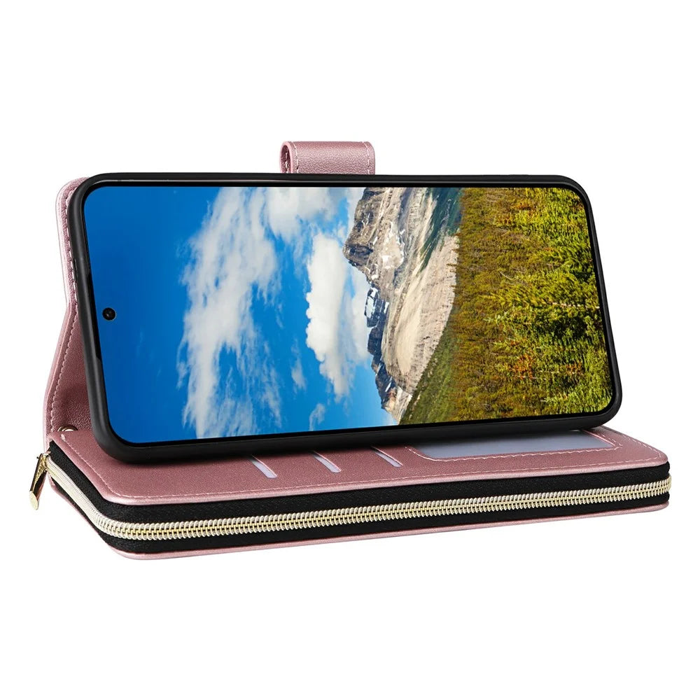 For Samsung Galaxy S25+ / S24+ Case Zipper Pocket PU Leather Cover with 9 Card Slots - Rose Gold - 4