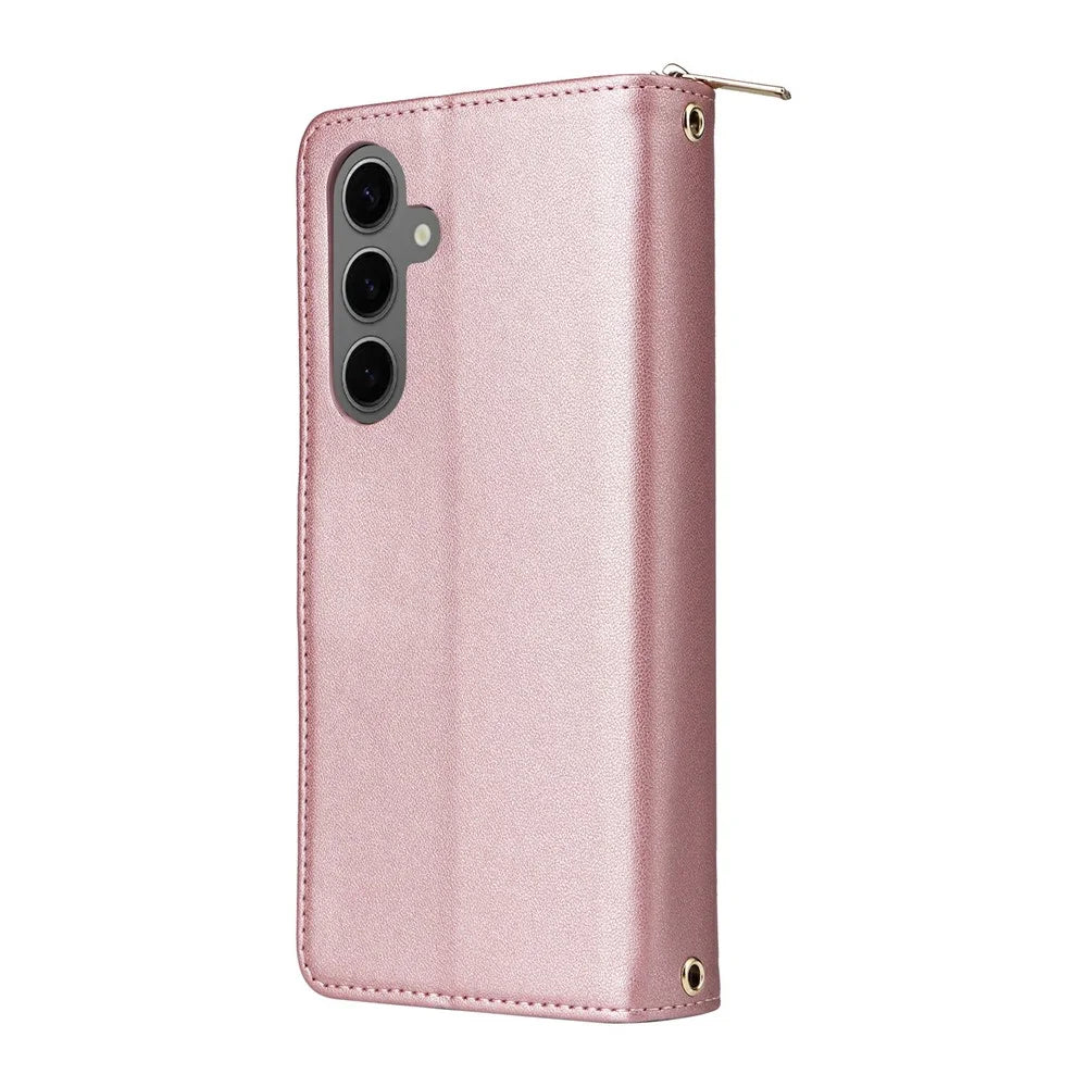 For Samsung Galaxy S25+ / S24+ Case Zipper Pocket PU Leather Cover with 9 Card Slots - Rose Gold - 6