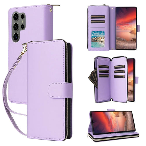 For Samsung Galaxy S25 Ultra Case Zipper Pocket PU Leather Cover with 9 Card Slots - Light Purple - 1