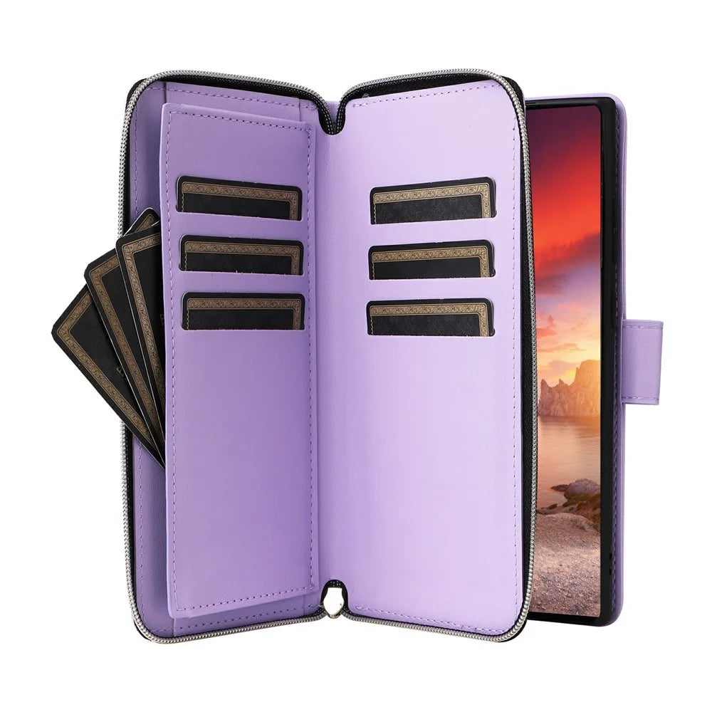 For Samsung Galaxy S25 Ultra Case Zipper Pocket PU Leather Cover with 9 Card Slots - Light Purple - 2