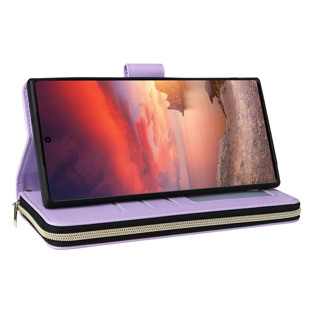 For Samsung Galaxy S25 Ultra Case Zipper Pocket PU Leather Cover with 9 Card Slots - Light Purple - 4