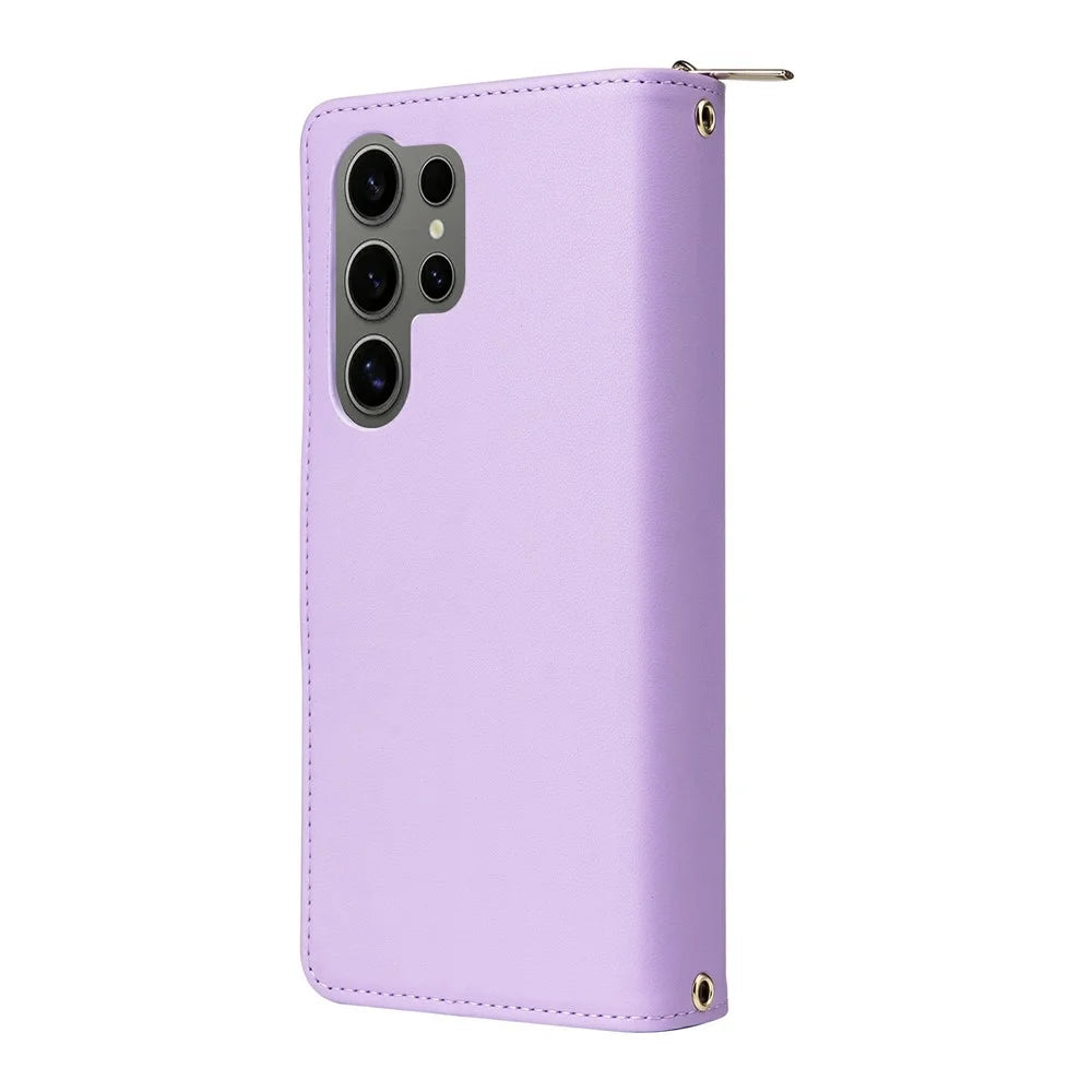 For Samsung Galaxy S25 Ultra Case Zipper Pocket PU Leather Cover with 9 Card Slots - Light Purple - 6