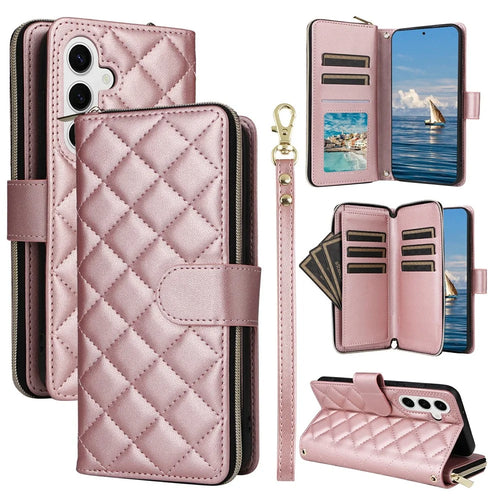 For Samsung Galaxy S25 / S24 Case Zipper Wallet Rhombus PU Leather Crossbody Phone Bag - Rose Gold - 1