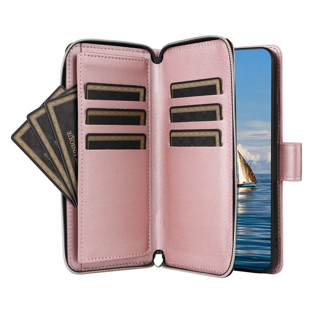 For Samsung Galaxy S25 / S24 Case Zipper Wallet Rhombus PU Leather Crossbody Phone Bag - Rose Gold - 3