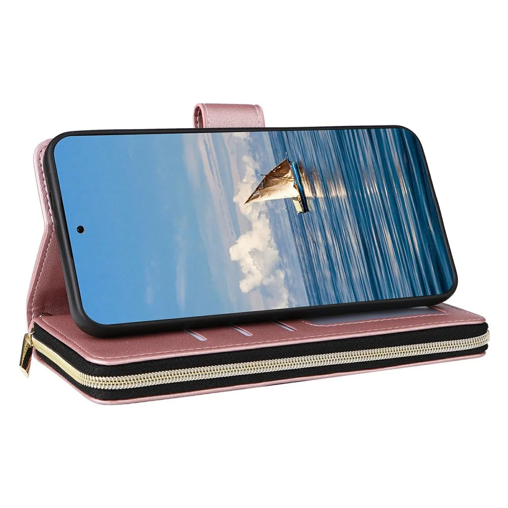 For Samsung Galaxy S25 / S24 Case Zipper Wallet Rhombus PU Leather Crossbody Phone Bag - Rose Gold - 4