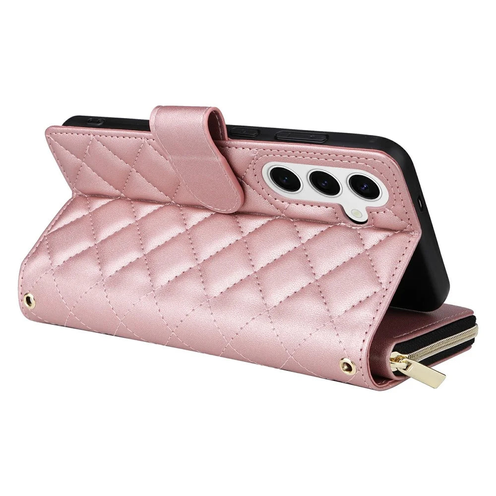 For Samsung Galaxy S25 / S24 Case Zipper Wallet Rhombus PU Leather Crossbody Phone Bag - Rose Gold - 5