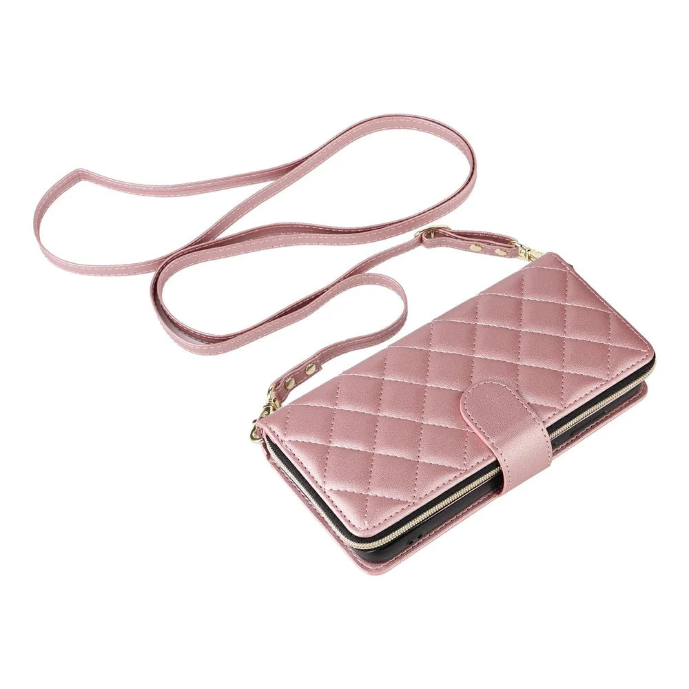 For Samsung Galaxy S25 / S24 Case Zipper Wallet Rhombus PU Leather Crossbody Phone Bag - Rose Gold - 6
