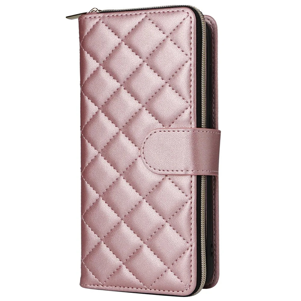 For Samsung Galaxy S25 / S24 Case Zipper Wallet Rhombus PU Leather Crossbody Phone Bag - Rose Gold - 7