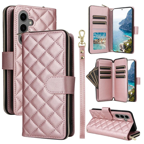For Samsung Galaxy S25+ / S24+ Case Zipper Wallet Rhombus PU Leather Crossbody Phone Bag - Rose Gold - 1