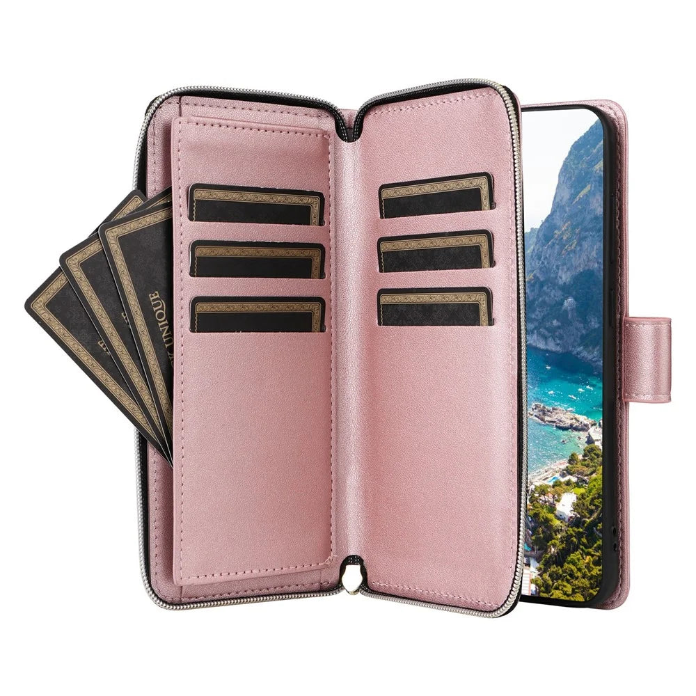 For Samsung Galaxy S25+ / S24+ Case Zipper Wallet Rhombus PU Leather Crossbody Phone Bag - Rose Gold - 3