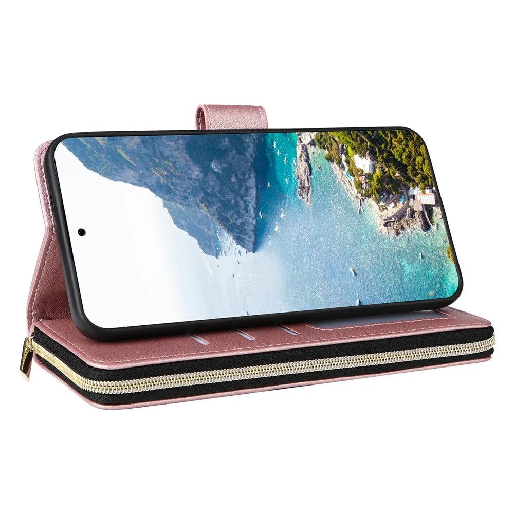 For Samsung Galaxy S25+ / S24+ Case Zipper Wallet Rhombus PU Leather Crossbody Phone Bag - Rose Gold - 4