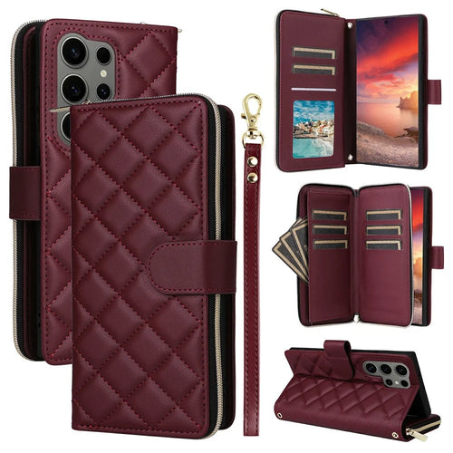 For Samsung Galaxy S25 Ultra Case Zipper Wallet Rhombus PU Leather Crossbody Phone Bag - Wine Red - 1