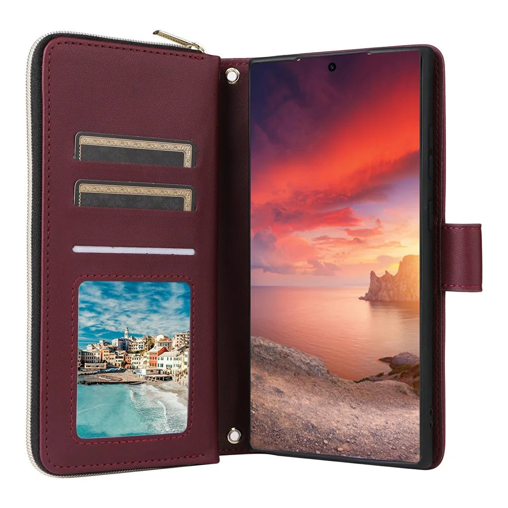 For Samsung Galaxy S25 Ultra Case Zipper Wallet Rhombus PU Leather Crossbody Phone Bag - Wine Red - 2