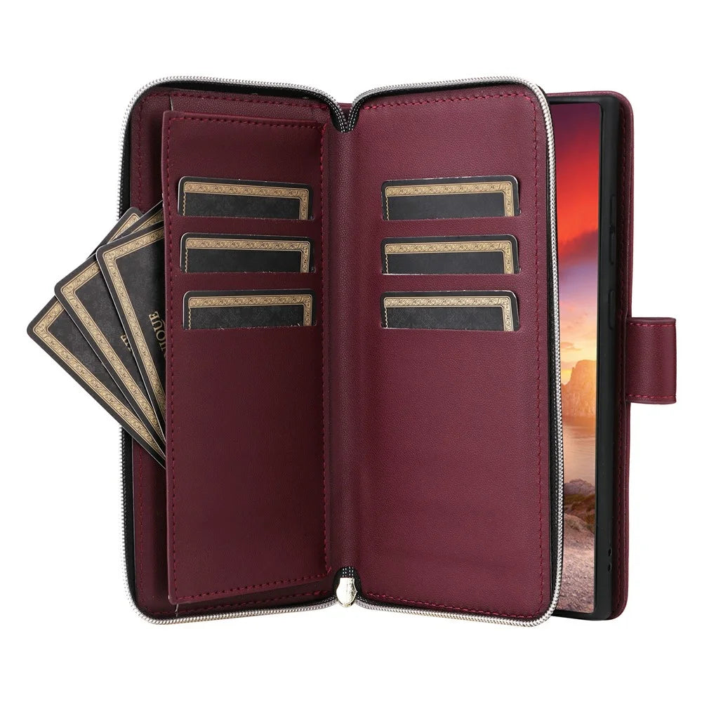 For Samsung Galaxy S25 Ultra Case Zipper Wallet Rhombus PU Leather Crossbody Phone Bag - Wine Red - 3
