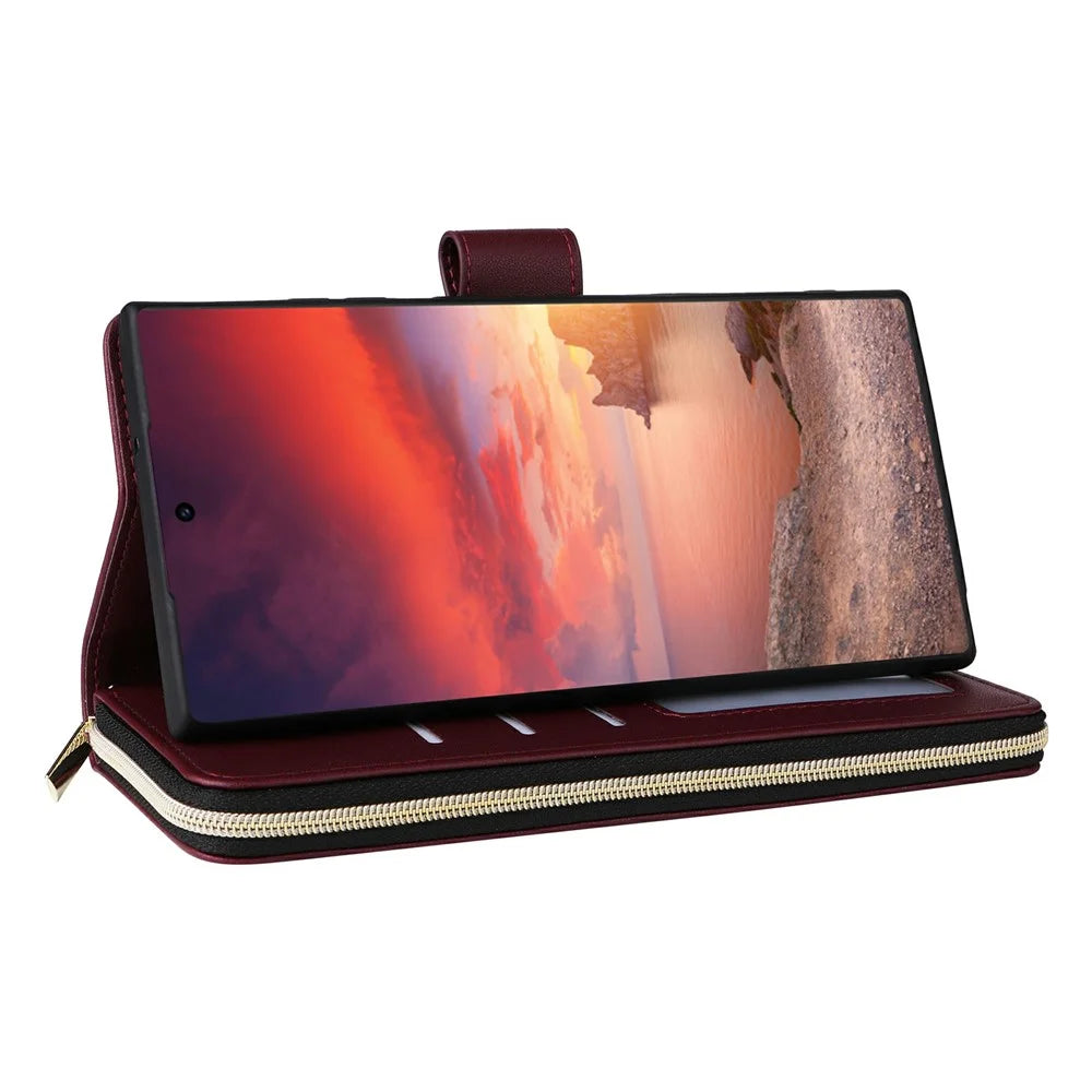 For Samsung Galaxy S25 Ultra Case Zipper Wallet Rhombus PU Leather Crossbody Phone Bag - Wine Red - 4