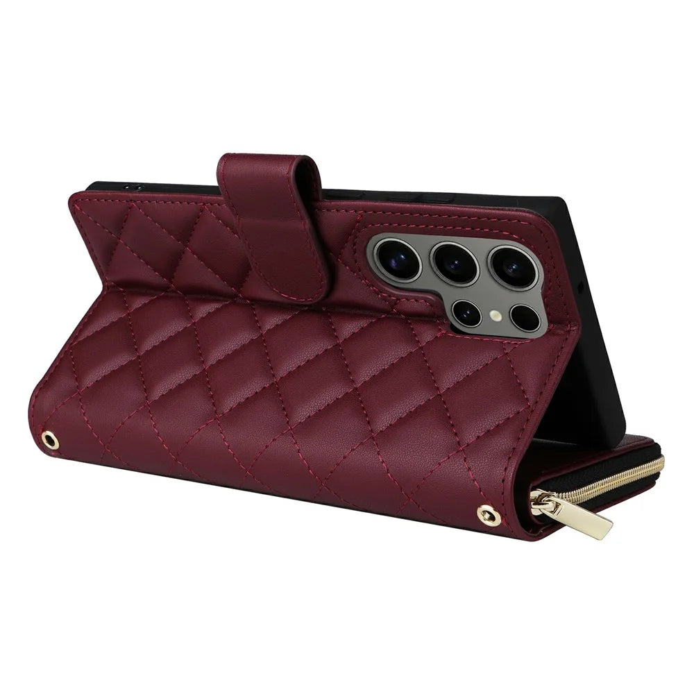 For Samsung Galaxy S25 Ultra Case Zipper Wallet Rhombus PU Leather Crossbody Phone Bag - Wine Red - 5
