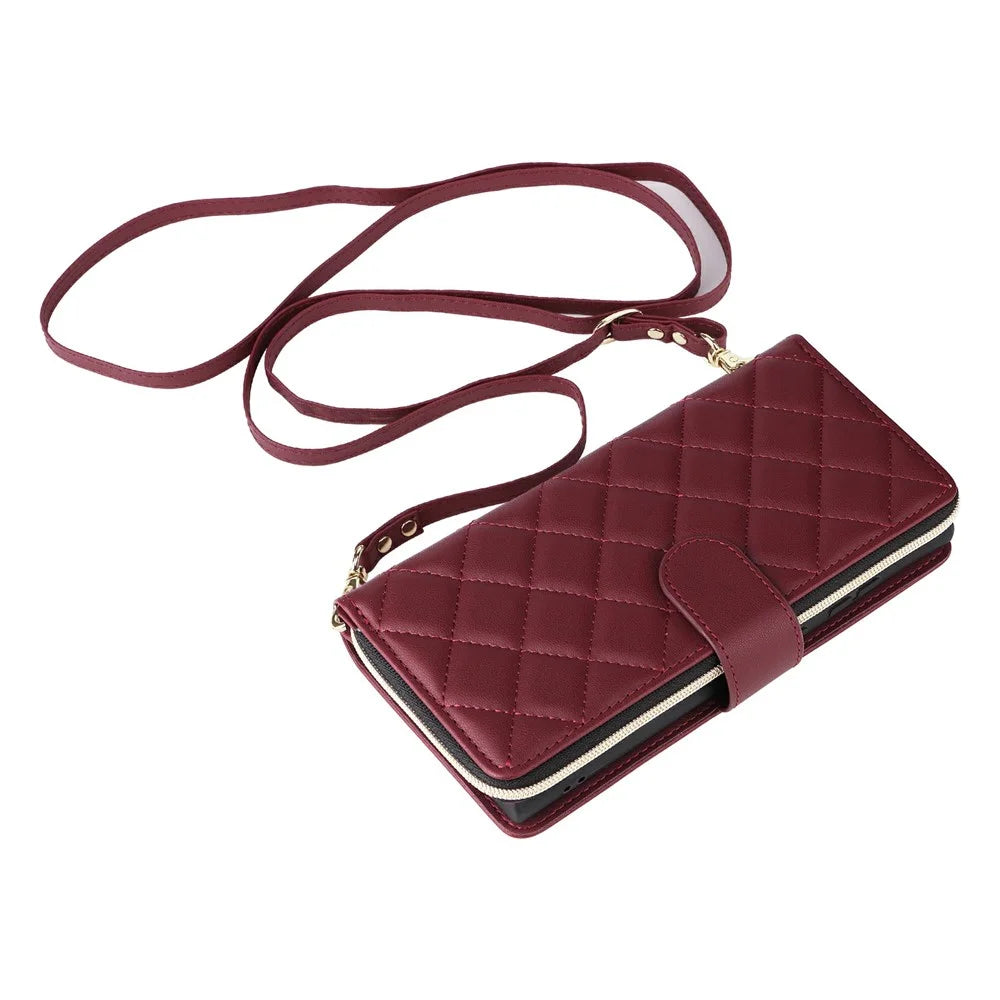 For Samsung Galaxy S25 Ultra Case Zipper Wallet Rhombus PU Leather Crossbody Phone Bag - Wine Red - 6