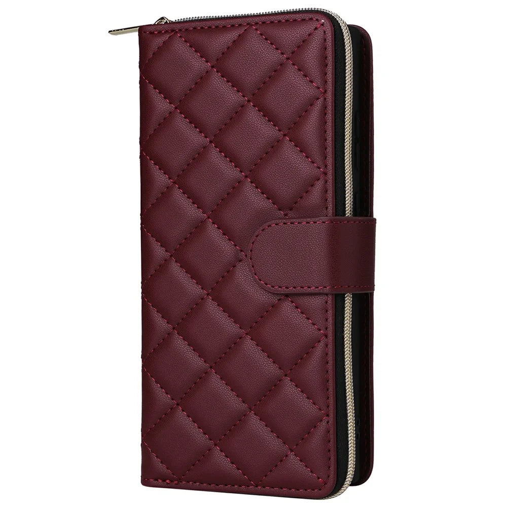 For Samsung Galaxy S25 Ultra Case Zipper Wallet Rhombus PU Leather Crossbody Phone Bag - Wine Red - 7