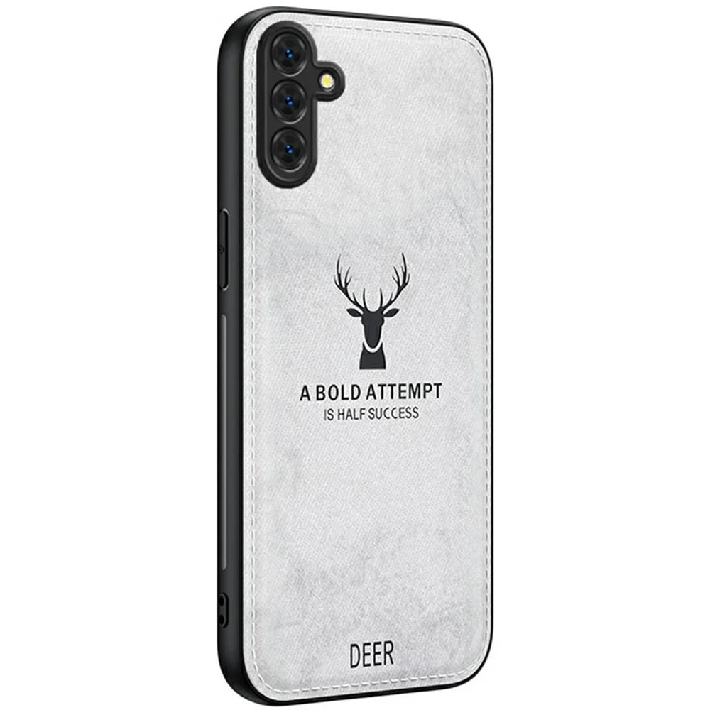 For Samsung Galaxy A26 5G Case Deer Pattern Cloth Texture PU Leather Hybrid Phone Cover - Grey - 1