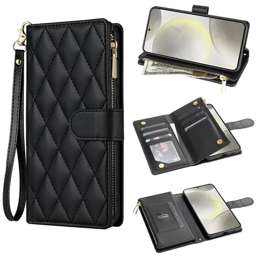 For Samsung Galaxy S25 Ultra Case Rhombus Stitching Leather Wallet Phone Cover with Long  /  Short Strap - Black - 1