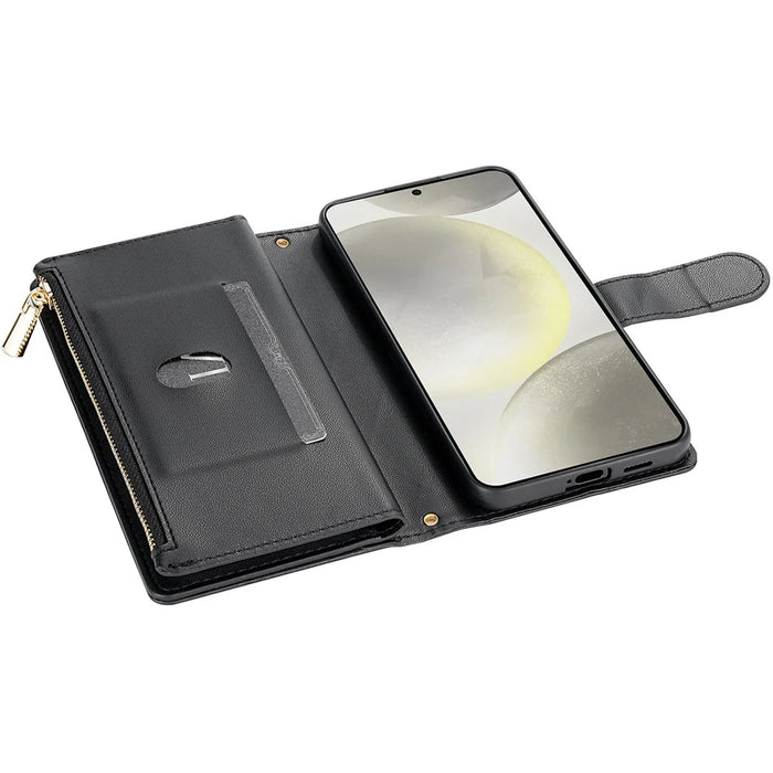 For Samsung Galaxy S25 Ultra Case Rhombus Stitching Leather Wallet Phone Cover with Long  /  Short Strap - Black - 4