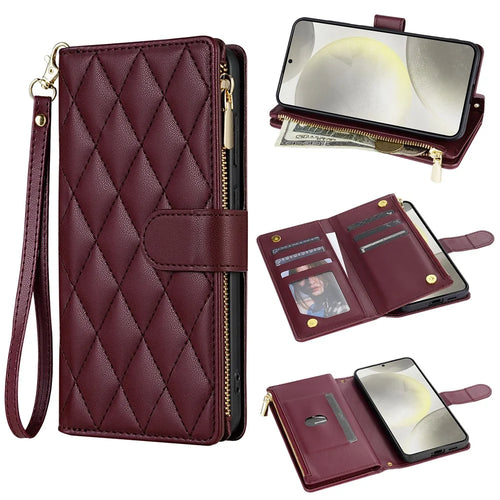 For Samsung Galaxy S25 Case Rhombus Stitching Leather Wallet Phone Cover with Long  /  Short Strap - Wine Red - 1
