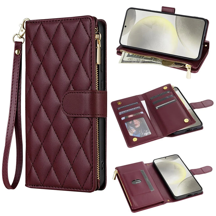 For Samsung Galaxy S25 Case Rhombus Stitching Leather Wallet Phone Cover with Long  /  Short Strap - Wine Red - 1