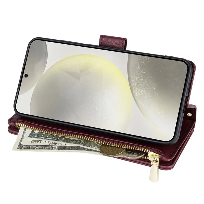 For Samsung Galaxy S25 Case Rhombus Stitching Leather Wallet Phone Cover with Long  /  Short Strap - Wine Red - 2