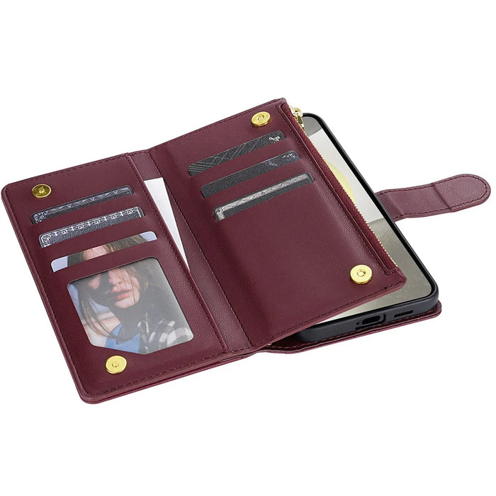 For Samsung Galaxy S25 Case Rhombus Stitching Leather Wallet Phone Cover with Long  /  Short Strap - Wine Red - 3