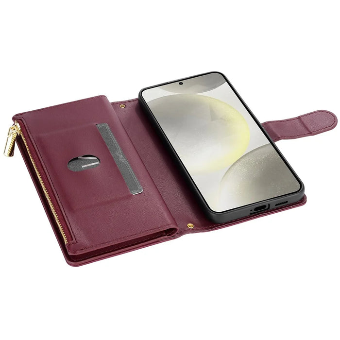 For Samsung Galaxy S25 Case Rhombus Stitching Leather Wallet Phone Cover with Long  /  Short Strap - Wine Red - 4