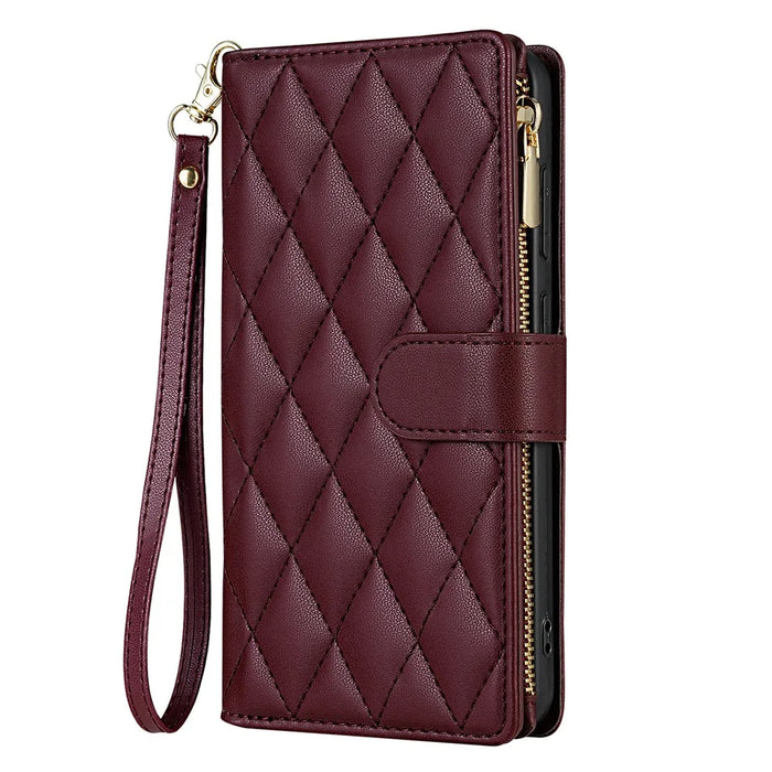 For Samsung Galaxy S25 Case Rhombus Stitching Leather Wallet Phone Cover with Long  /  Short Strap - Wine Red - 7